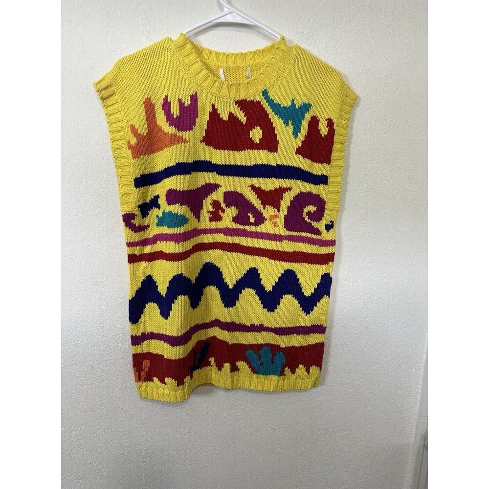 Vintage 80s Fetagetti Yellow Acrylic Knit Bold Patterns Vest